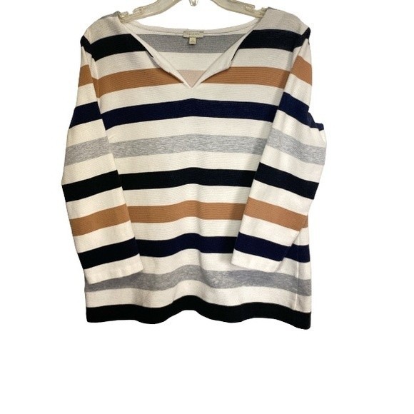 Talbots Top Striped Split V Neck Textured white Beige Black Tan Blue size medium - Picture 12 of 14
